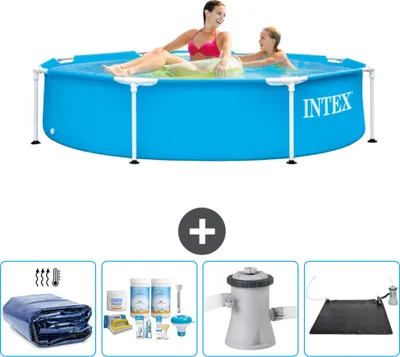 Produktbild von Intex-Schwimmbecken mit rundem Rahmen – 244 x 51 cm – Blau – im Lieferumfang enthalten Sonnensegel - Wartungspaket - Filterpumpe für Schwimmbad - Solarmatte