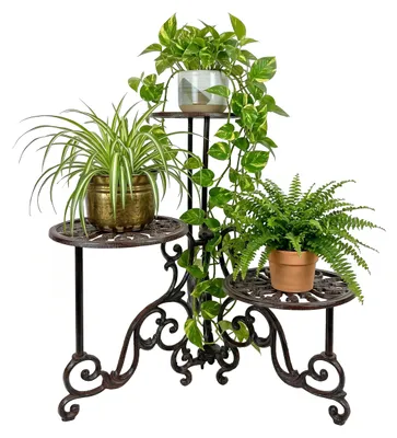 Zdjęcie produktu dla Stojak na rośliny Relaxdays, styl vintage, 3 półki, żeliwny stojak na kwiaty, wymiary: 58 x 50 x 50 cm, podest na rośliny do użytku na zewnątrz, kolor brązowy