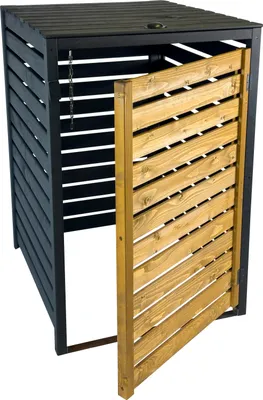 A black and gray trash can enclosure with a wooden door slightly ajar, shown against a white background.