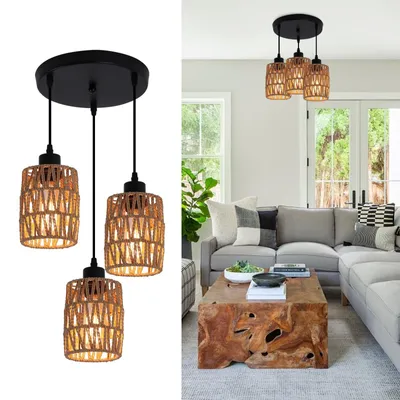 Image de Suspension en rotin - Lustre réglable - Lampe de plafond salle à manger - Lampe de plafond chambre - Éclairage Boho - Métal durable