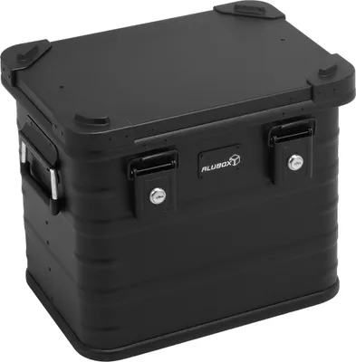 A black aluminum storage box with reinforced corners and latches.