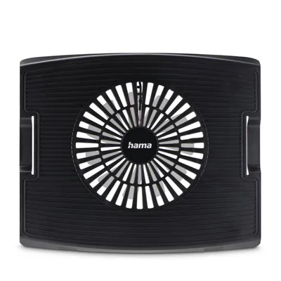 A black notebook cooler with a central fan.