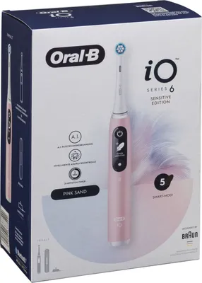 The image shows the retail packaging of an Oral-B iO Series 6 Sensitive Edition electric toothbrush in Pink Sand color.