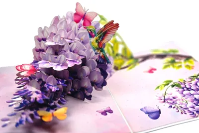 Image de carte de voeux 3D pop-up avec fleurs, colibri & papillons - enveloppe incluse