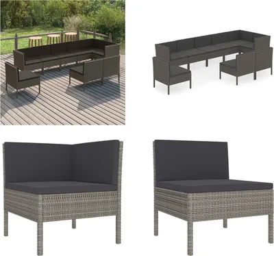 Produktbild von vidaXL 9 tlg. Garten Lounge Set mit Auflagen Poly Rattan Grau - Garten-Sofagarnitur - Garten-Sofagarnituren - Gartensofa-Set - Gartensofa-Sets