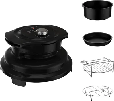 A black kitchen appliance with several accessories, including a pot, a baking pan, and two wire racks, arranged on a white background.