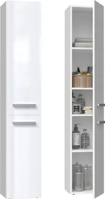 A tall, narrow white cabinet with two drawers and a door, shown both closed and open to reveal shelves with various bathroom items.