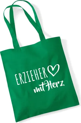 Produktbild von Huuraa Jutebeutel Erzieher mit Herz 10 Liter Kelly Green Baumwolle Tasche Geschenkidee