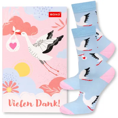 Produktbild von Bunte Damen-Socken VIELEN DANK Gr. 35–40 mit Storch-Motiv von SOXO – Geschenk für die Hebamme – Geschenk für die Doula