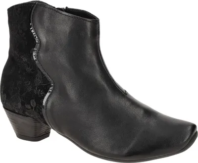 A black leather ankle boot with a patterned fabric accent on the heel.