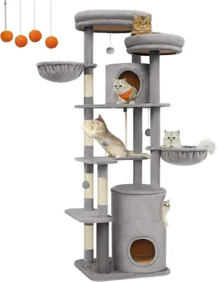 Produktbild von Kratzbaum, groß, XXL, 196 cm hoch, Mehrstöckiger Katzenbaum mit 2 großen Plattformen, 3 Höhlen, 2 Liegeflächen, 5 Kratzsäulen und 4 Plüschbällen