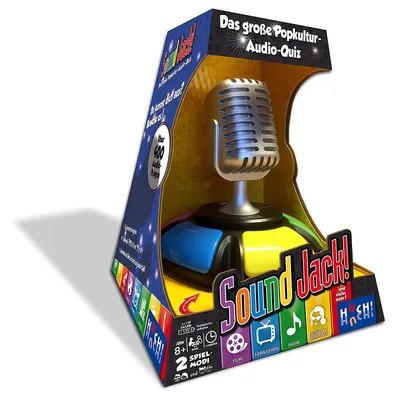 A product box for a quiz game called Sound Jack, featuring a microphone and colorful buttons.