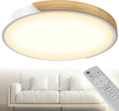 Produktbild von UISEBRT 96W Dimmbar LED Deckenleuchte Holz mit Weißer Außenhülle, Badezimmerleuchte Flurleuchte Küchenlampe Wohnzimmer Deckenlampe für Zuhause