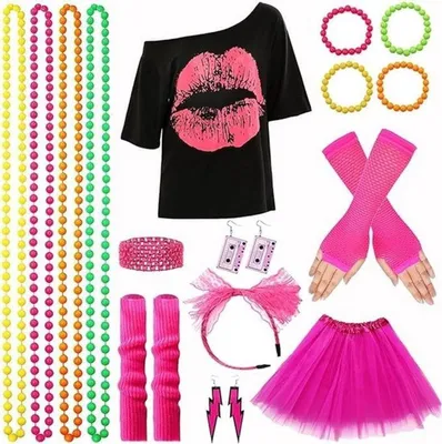 80er Jahre Kostümset für Frauen mit Accessoires für Karneval und Themenpartys aus den 80er und 90er Jahren