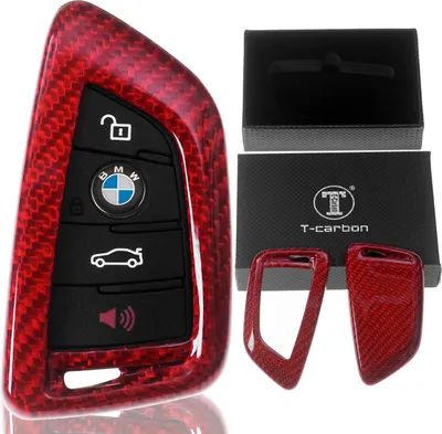 Produktbild von Auto Schlüssel Echt Carbon Schutz Hülle Hardcover Rot kompatibel mit BMW X5 F15 X6 F16 2er F45 F46 X1 F48 KEYLESS SMARTKEY