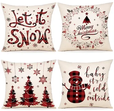 Produktbild von Set mit 4 weihnachtlichen Leinenkissenbezügen, 40x40 cm, dekorative Kissen für Sofa, Schlafzimmer oder Sessel.