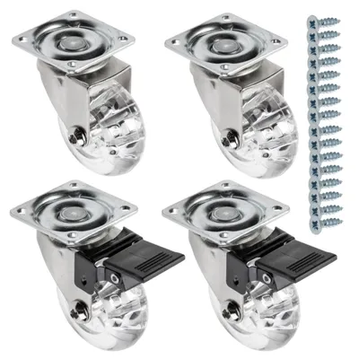 Immagine prodotto di GTV - Ruote per mobili BRAZIL, ruote girevoli, set di 4 ruote per mobili: 2x ruote con freno, 2x senza freno, in acciaio e gomma, +16 viti coniche 4x17, diametro: 50 mm, colore: trasparente