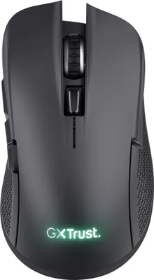 A top-down view of a black wireless mouse on a white background.