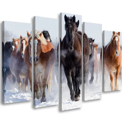 Produktbild von 5-teiliges leinwandbild pferdegalopp winter 100x70 cm Feeby braun wandbild bereit zum aufhängen
