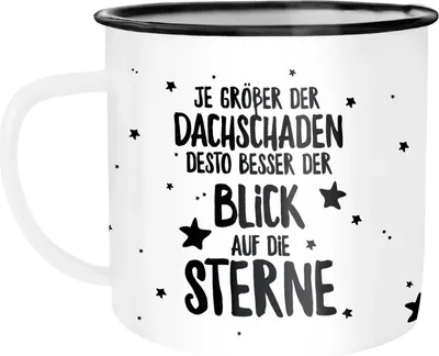 Produktbild von Emaille Tasse Becher Spruch Je größer der Dachschaden desto besser der Blick auf die Sterne Kaffeetasse Moonworks® weiß-schwarz unisize