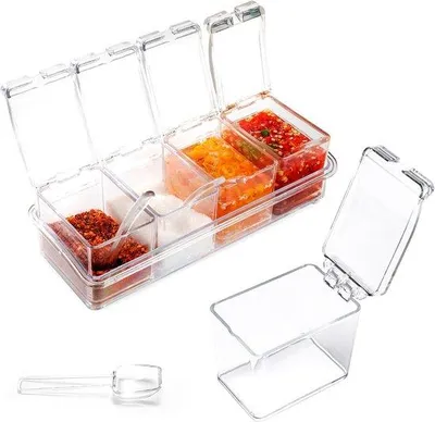 Produktbild von Kunststof Kräuterkiste - 4-teilig Kräuterkorb Kunststoff Aufbewahrungsbox mit Deckel und Löffel Kräuterkorb - Salz, Zucker, Tee, Kräuter, Kaffeebohnen Aufbewahrungsbox Kräuterkorb - 26x9,5x7,5cm
