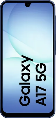 A Samsung Galaxy A17 5G smartphone is shown against a light blue and white background.