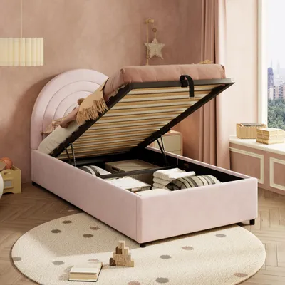 Produktbild von Polsterbett 90x200 cm, Samt rosa, Lattenrost & Kopfteil, für Kinder, Jugend & Erwachsene
