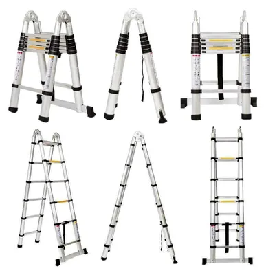 Produktbild von Alu Teleskopleiter 3,8 m klappbar 1,9 m + 1,9 m A-Rahmenleiter mit Stützstange 12 Sprossen ausziehbar rutschfest EN131 belastbar bis 150 kg