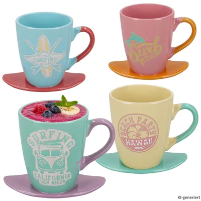 Produktbild von 4er Set Surf Kaffeebecher mit Surfbrett 280ml Steingut bunt Tasse