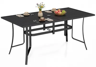 Zdjęcie produktu dla Stół ogrodowy COSTWAY z metalu 160 x 84 cm, stół tarasowy odporny na warunki atmosferyczne z otworem na parasol, prostokątny stół balkonowy dla 6 osób, wyłącznie stół jadalny do użytku na zewnątrz, kolor czarny