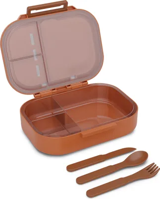 Obrázok produktu pre Schmatzfatz obedový box - nepriepustný, bez BPA, 3 priehradky, vrátane príboru, vhodný do umývačky riadu, Tritan, vhodný pre deti, obedový box s priehradkami, Bento box pre deti, oranžový