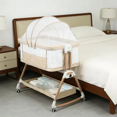 Produktbild von 3 in 1 Beistellbett,Babywiege,Reisebett Baby mit Matratze,6-stufig Höhenverstellbares Babybett, neigbar, für Baby bis 12 Monaten 90x60x90-115cm Beige