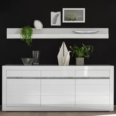 Produktbild von Sideboard und Wandboard Set in Hochglanz weiß COGO-61 mit Griffmulden in Betonoptik BxHxT: 217x165x42cm