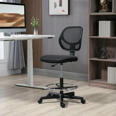 Produktbild von Zeichenstuhl mit Fußstütze, Bürostuhl Mesh-Stoff höhenverstellbar, Schreibtischstuhl ohne Armlehne, Schwarz | 59x61x113 cm | 50–70 cm | 120 kg