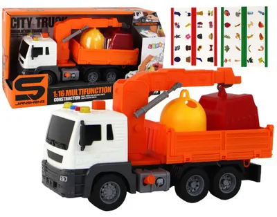 Produktbild von Leantoys Müllwagen mit Kran Friktionsantrieb Orange 1:16