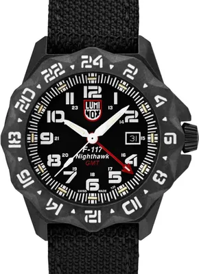 A close-up studio shot of a Luminox F-117 Nighthawk GMT watch.