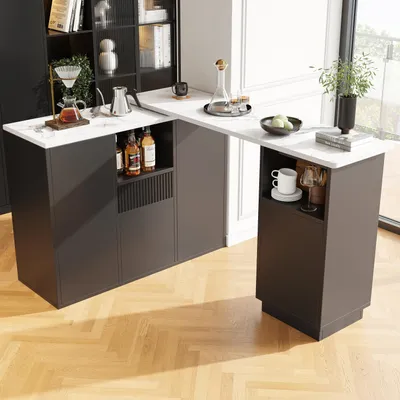 Produktbild von MODFU Multifunktionaler Esstisch Beistelltisch kücheninsel mit Gitter- und Türlagerbereiche,Freizeitschrank mit Schranktüren und Marmorstruktur,Schwarz