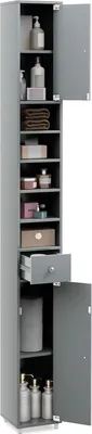 A tall, narrow gray cabinet with its doors open, revealing shelves and a drawer filled with bathroom items.