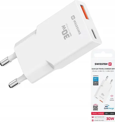 Zdjęcie produktu dla Swissten Szybka Ładowarka Sieciowa Gan 1x Usb-c 30w Pd 1x Usb-a Qc 3.0 18 W