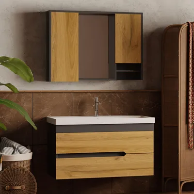 Produktbild von Badmöbel Set 100 cm Anthrazit & Eiche | Unterschrank Waschbecken Spiegelschrank