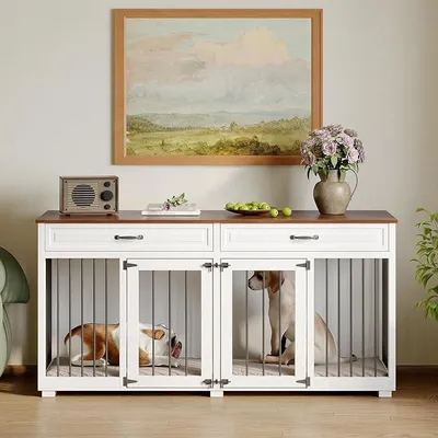 Produktbild von Hundekäfig Schrank XXL, Hundekäfig mit 2 Schubladen und 2 Türen, Hundebox für Zuhause Große/Mittlere Hunde,Beistelltisch, Hundehütte Indoor, Hundehaus für Zuhause, Weiß, 164 x 60 x 80 cm, Eisen