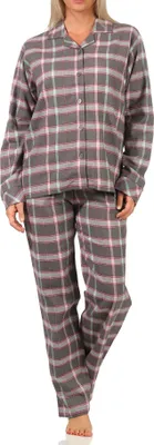 Produktbild von Damen Flanell Pyjama Schlafanzug kariert mit Knopfleiste und Hemdkragen - 222 201 15 851 ; grau , 44