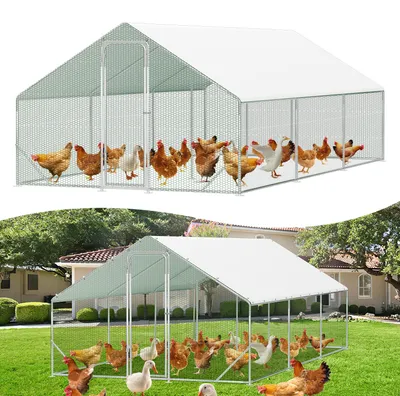 Immagine prodotto di Recinto per polli Ikodm, dimensioni 3 x 6 x 2 m, superficie di 18 m², tetto a spiovente, tubi zincati da 25 mm, rete metallica in PVC verde e telo di copertura in polietilene bianco con protezione UV