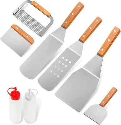 Image de 8-PLG Profi BBQ Set de spatules en acier inoxydable avec bouteilles à écraser pour grillades en plein air Teppanyaki Camping sac de rangement inclus