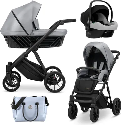 Produktbild von Kunert Ivento 3in1 Kinderwagen in Grau mit schwarzem Rahmen und Zubehör