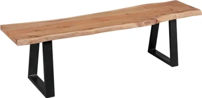 Esszimmerbank GAYA 160cm mit Akazienholzplatte und Baumkante auf schwarzem Metallgestell, Gesamtansicht.
