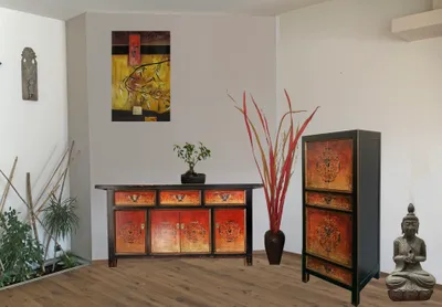 Produktbild von Chinesische Möbel Kombination Fire Shabby Chic Vintage Sideboard Kommode Lowboard Schrank Hochzeitsschrank Hochschrank rot-orange-schwarz asiatisch orientalisch chinesisch fernöstlich