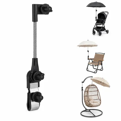 Produktbild von Universal Sonnenschirmhalter mit Klemme, 360° Verstellbarer Schirmhalter für Kinderwagen, Strandstuhl & Rollstuhl