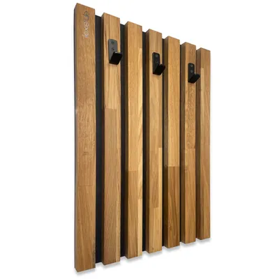 Produktbild von Kleiderhaken Holz Eiche Schwarz – Wandgarderobe Paneel 40x60 cm, Garderobenhaken, Flurgarderobe, Wandhaken, Garderobe Flur, Garderobe Holz