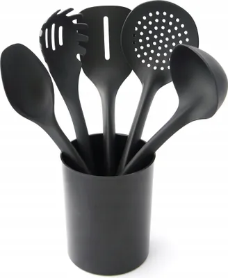 Produktbild von GO PRACTIC Küchenhelfer-Set aus Nylon, Küchenutensilien Kochutensilien Kochset Spatel Pfannkuchen Spatel Löffel Schöpflöffel Abschöpflöffel Gabel Nudel Löffel Behälter Schwarz 5 Teile